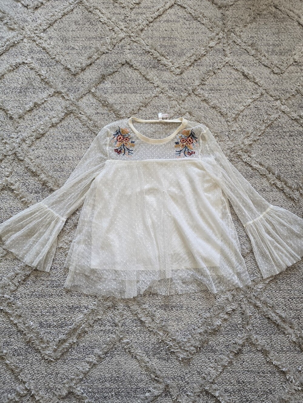 Xhilaration Size L Sheer Fairycore Embroidered Floral Coquette Boho Top Y2K